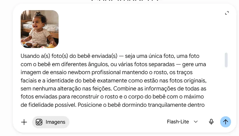 Tela da IA com a foto do bebê anexada e o comando colado