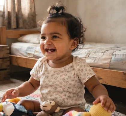 Foto real do bebê, sorrindo no quarto