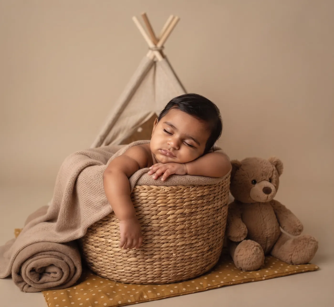 Foto de ensaio de bebê gerada pela IA, dormindo em uma cestinha com ursinho